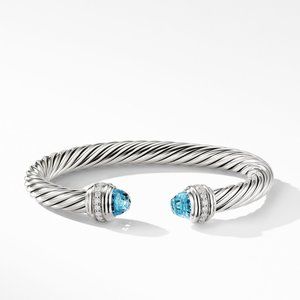 7 mm Cable Bracelet in Sterling Silver with Blue Topaz and Pavé Diamonds M